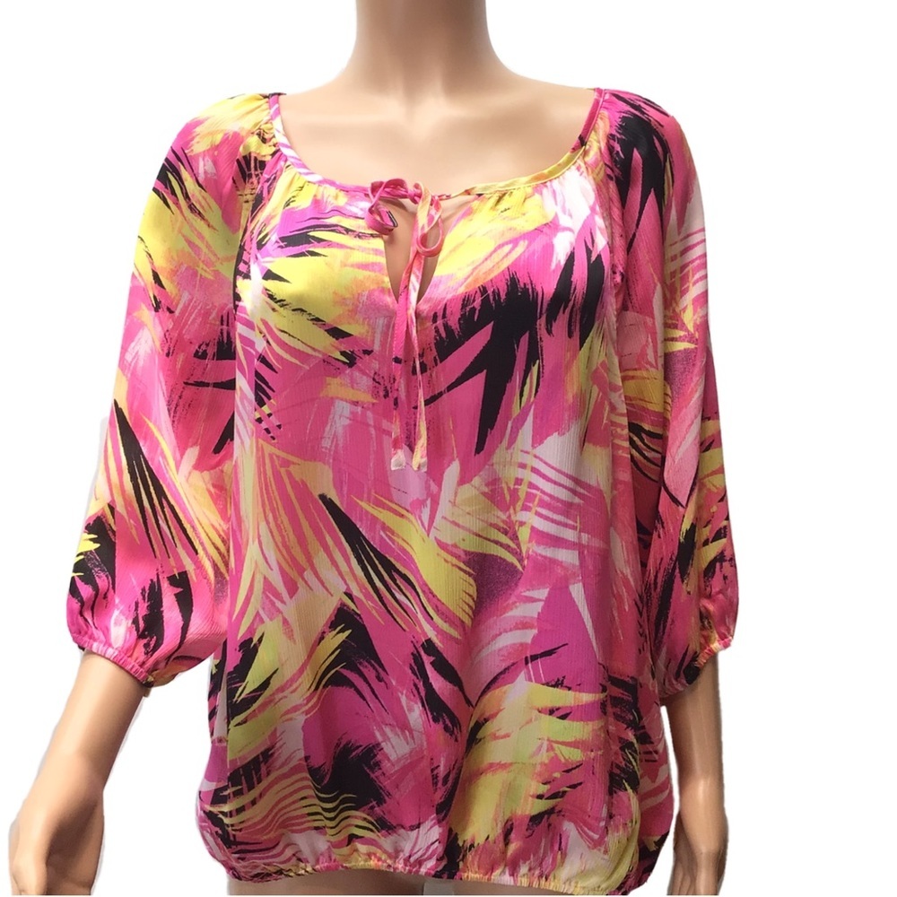 Womens Pink Tropical Print Boutique Keyhole Peasant Top Blouse Size Large